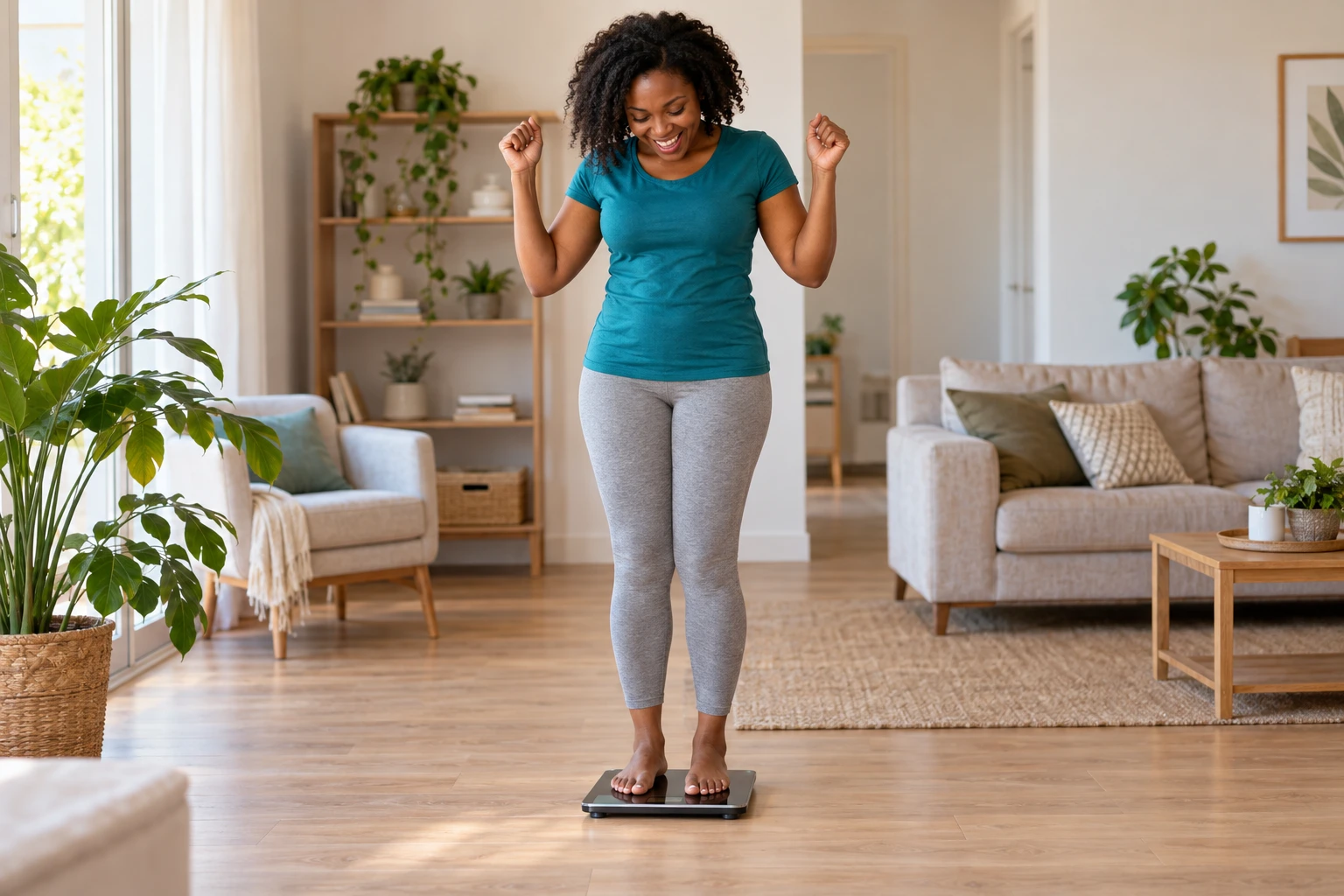 Happy African woman smiling while standing on a bathroom scale